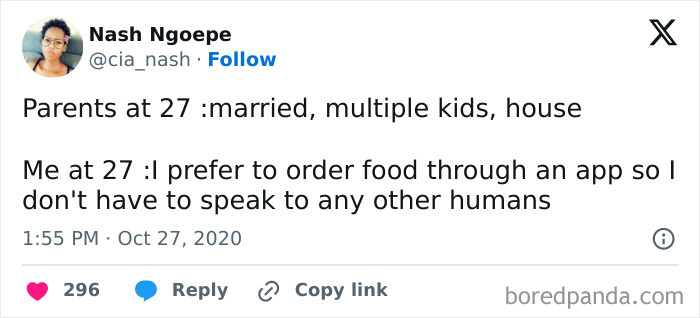 Funny meme about growing up preferences at age 27 for food delivery over family life
