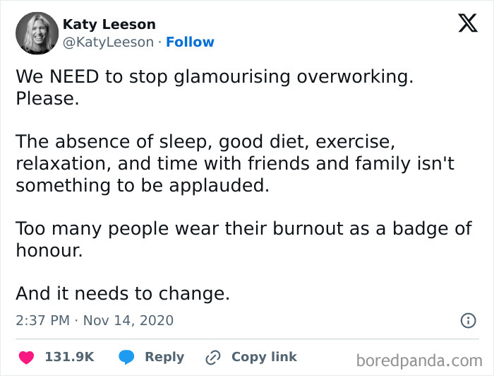 A social media post about overworking burnout as one of the relatable work tweets.