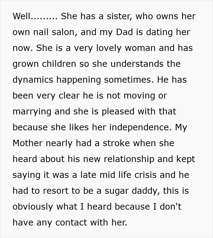 Black text on white background detailing family dynamics where a guy keeps pursuing ex who rejected him.