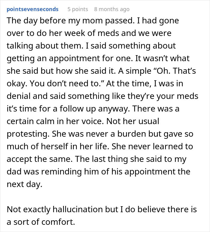 An image displaying a text post describing end-of-life conversations between a user and their mother before she passed. An image displaying a text post describing end-of-life conversations between a user and their mother before she passed.