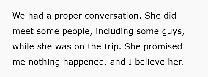 Text snippet describing a husband talking to his wife after a girls trip.