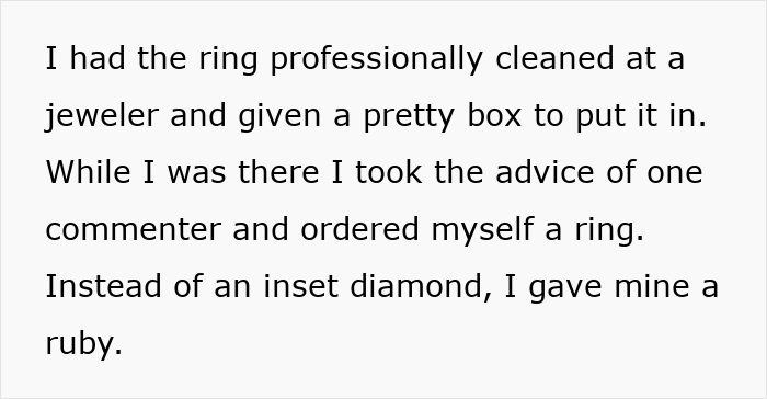 Text details taking a family heirloom ring to a jeweler for cleaning and ordering a new ruby ring for herself Text details taking a family heirloom ring to a jeweler for cleaning and ordering a new ruby ring for herself