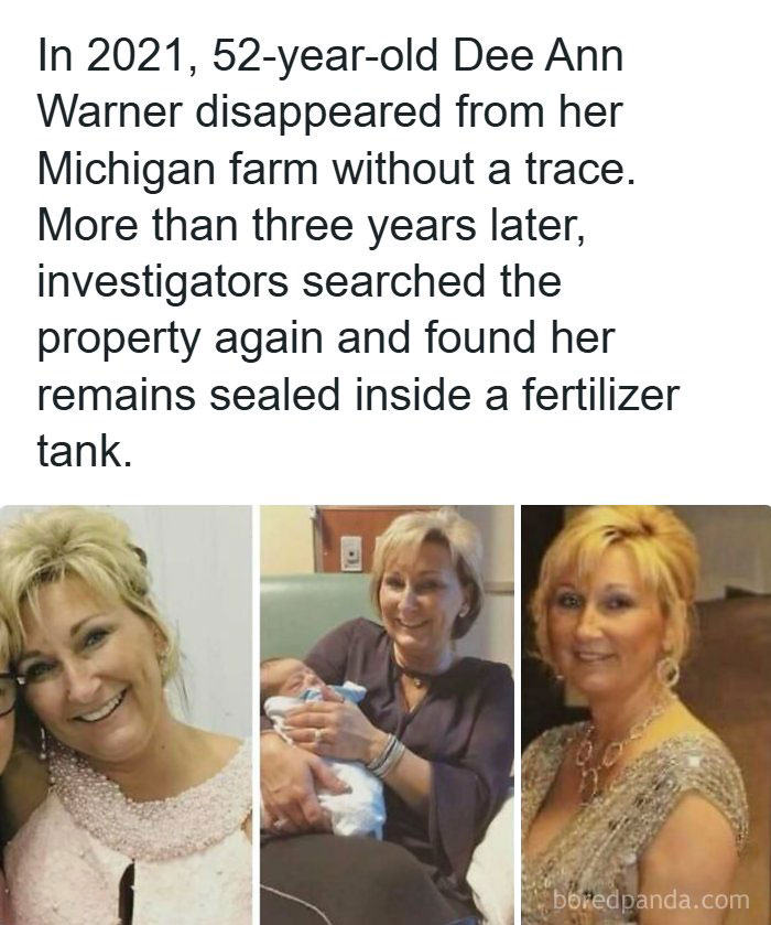 Three photos of Dee Ann Warner who disappeared from her Michigan farm