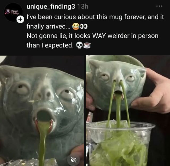 A bizarre ceramic monster mug pouring green liquid from its nose, showcasing funny crafts and art projects.