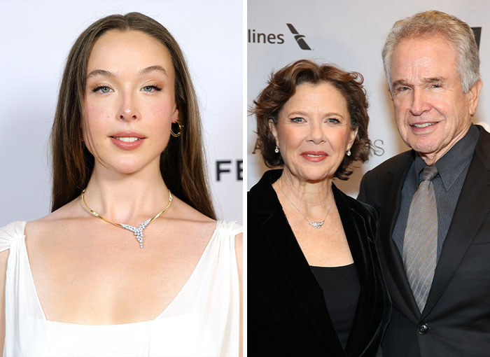 Side-by-side photo of Isabel Beatty next to parents Annette Bening and Warren Beatty, famous nepo babies in Hollywood.