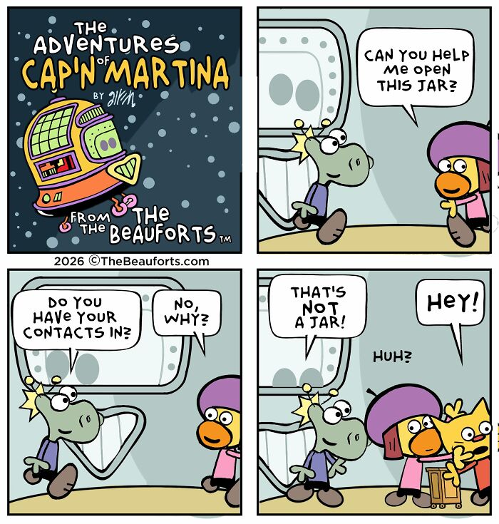 Funny space comics depicting a character trying to open a yellow cat instead of a jar. Funny space comics depicting a character trying to open a yellow cat instead of a jar.
