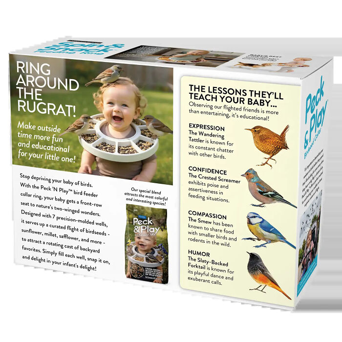 Back of a funny gift box for fake products showing hilarious details and bird illustrations. Back of a funny gift box for fake products showing hilarious details and bird illustrations.