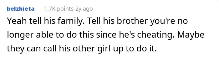 Online comment suggesting telling the family as woman waits in fear after discovering cheating.