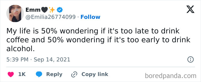 Tweet about life wondering when to drink coffee or alcohol