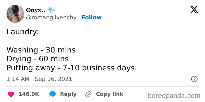 Tweet humor about laundry taking 7-10 business days to put away