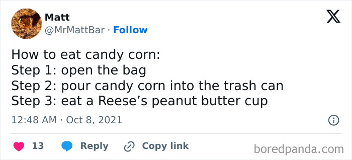 A post by Matt sharing a funny guide on how to eat candy corn, featured in relatable Halloween Tweets.