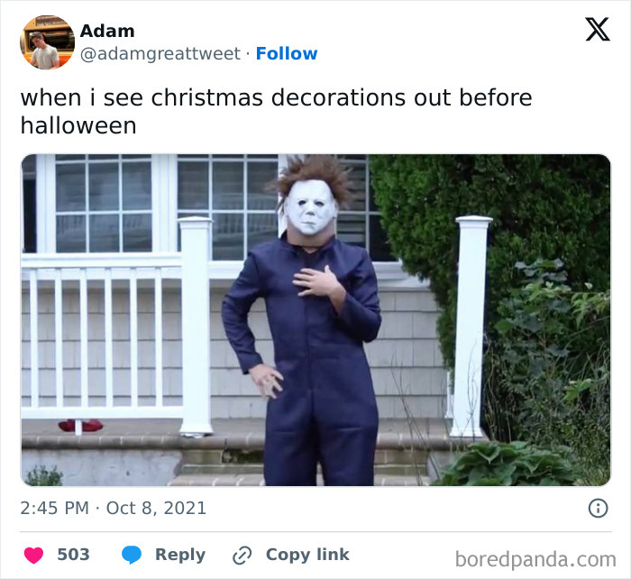 A funny photo post featuring a Michael Myers costume from relatable Halloween tweets