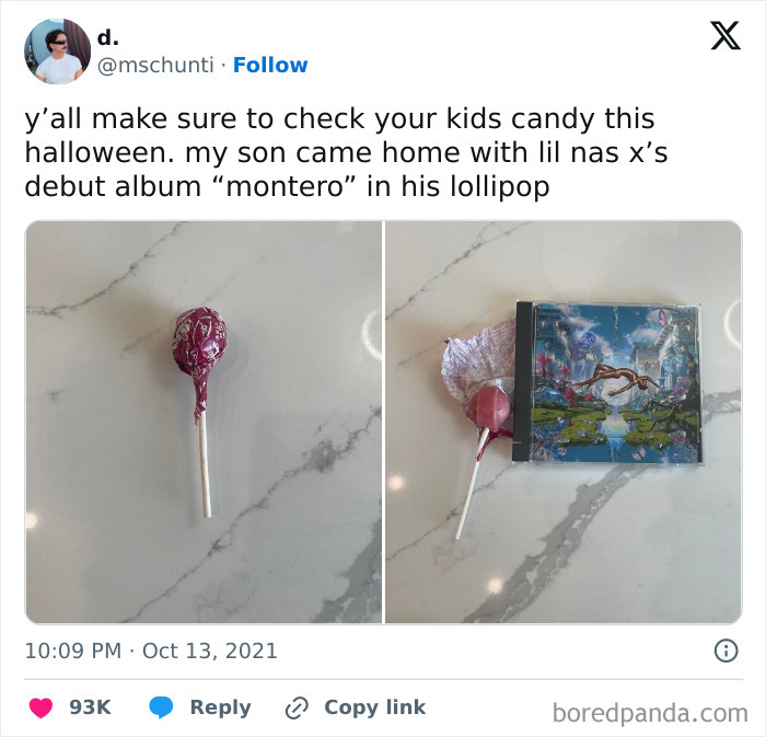 Relatable Halloween tweet showing a CD inside a candy wrapper as a funny trick-or-treat joke.