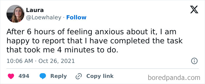 A relatable work tweet about taking 6 hours to do a 4 minute task.