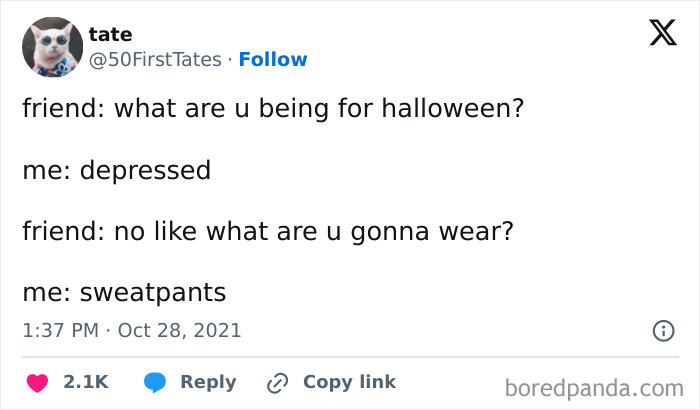A funny post about costume choices among relatable Halloween tweets.