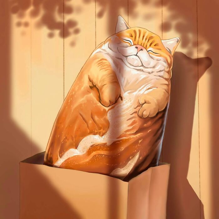 Whimsical cat bread illustration by Nelson Syndrome showing a sleeping orange cat