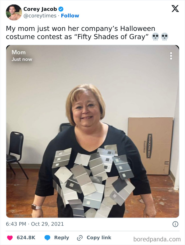 A social post about a mom winning a costume contest featured in hilarious Halloween tweets.