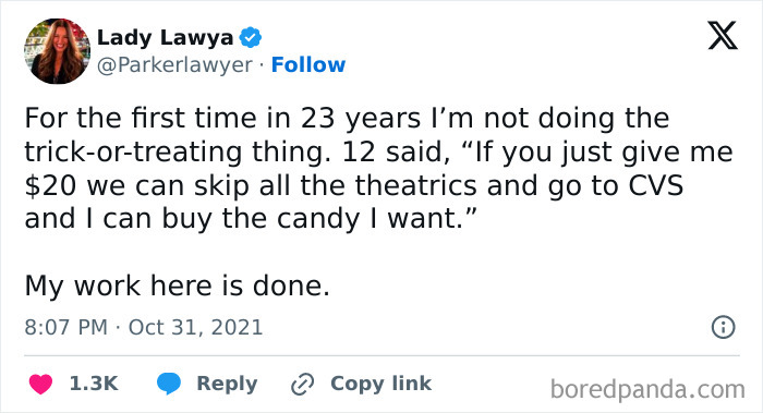 A social media screenshot featuring hilarious Halloween tweets about skipping trick-or-treating for candy.