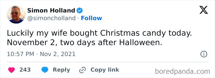 Funny post about buying Christmas candy right after Halloween tweets, written by Simon Holland.