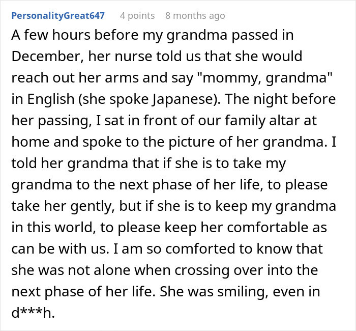 Text post highlighting end-of-life conversations about a Japanese grandmother speaking English to her late relatives. Text post highlighting end-of-life conversations about a Japanese grandmother speaking English to her late relatives.