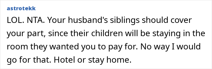 A social media comment discussing a child-free couple refusing to pay to share a bunk room with kids. A social media comment discussing a child-free couple refusing to pay to share a bunk room with kids.