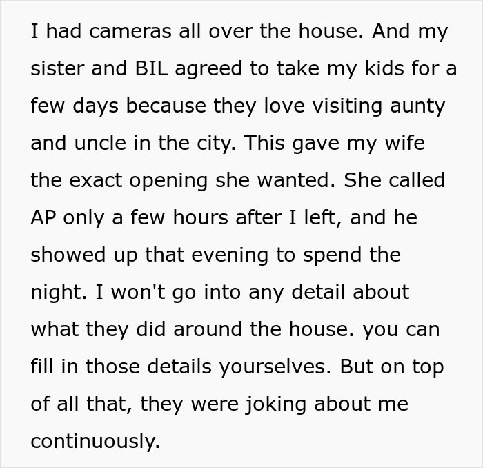 Text detailing home camera evidence exposing a secret affair and marriage-ending scandal Text detailing home camera evidence exposing a secret affair and marriage-ending scandal