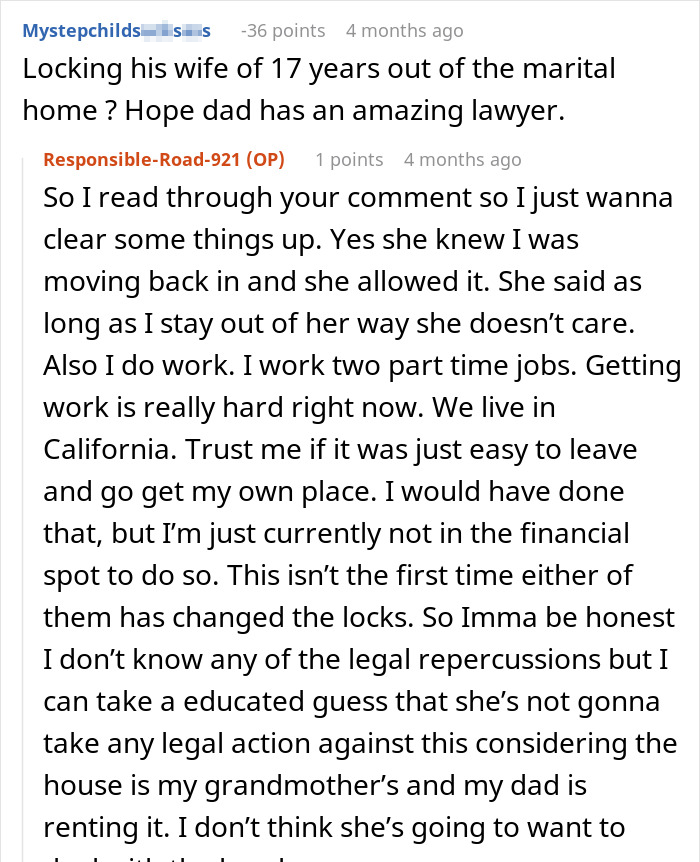 Online comment discussing living arrangements where a woman gets caught throwing away her stepchild’s food.