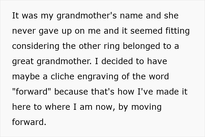 Text post discussing a engraved ring honoring a grandmother while returning an ex-family heirloom Text post discussing a engraved ring honoring a grandmother while returning an ex-family heirloom