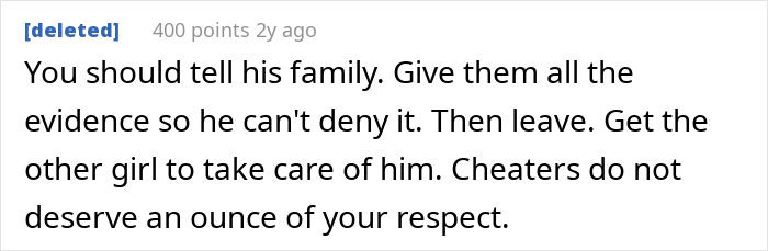 User comment advising to leave evidence and stop caring about a cheating partner after heart surgery.