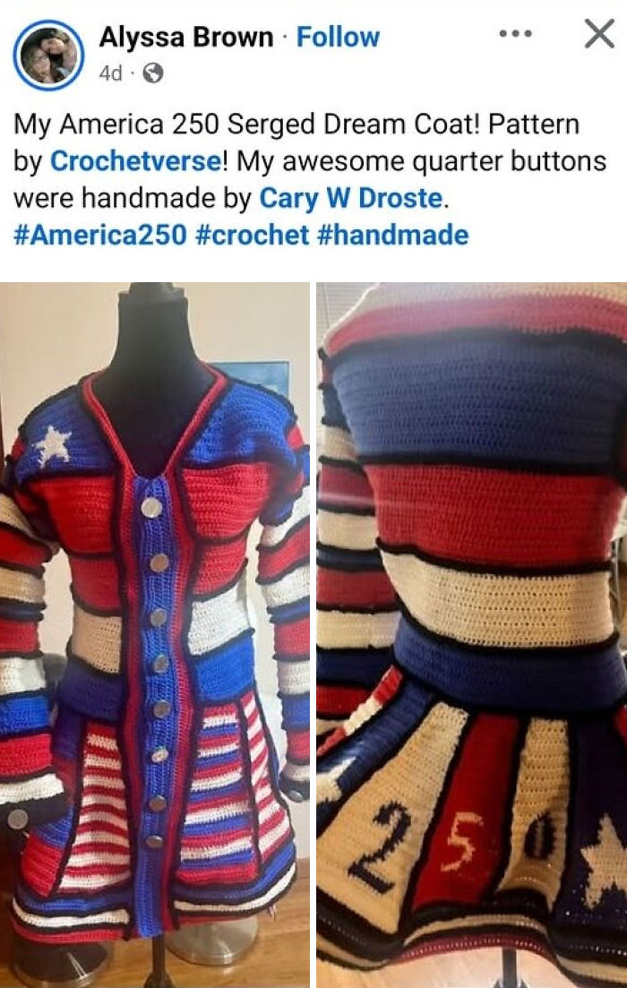 Hilarious crafts of a patriotic crocheted dress coat on a mannequin, a handmade art project