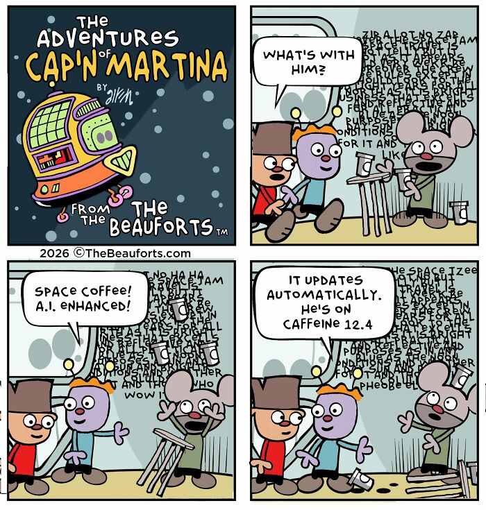 Funny space comics about a mouse character hyperactive on AI enhanced space coffee. Funny space comics about a mouse character hyperactive on AI enhanced space coffee.