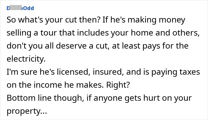 Comment questioning cut from neighbor's paid tour including private property access