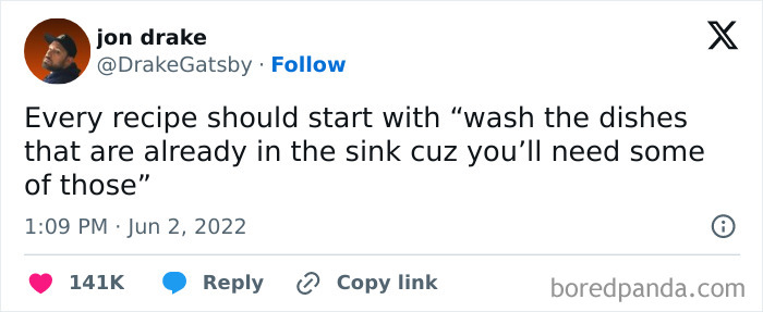 Tweet joking that recipes should start with washing dishes already in the sink in growing up memes