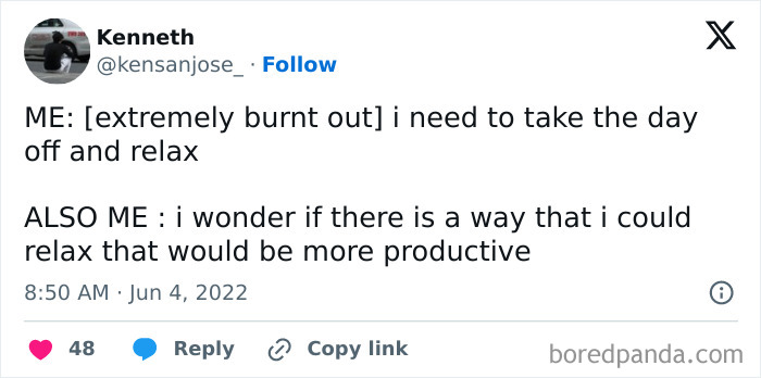 A relatable work tweet about trying to find a productive way to relax.