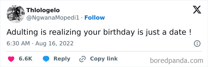 Tweet about adulting and birthday being just a date meme