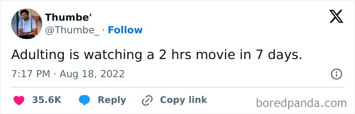 Tweet about adulting and watching a 2 hour movie in 7 days meme