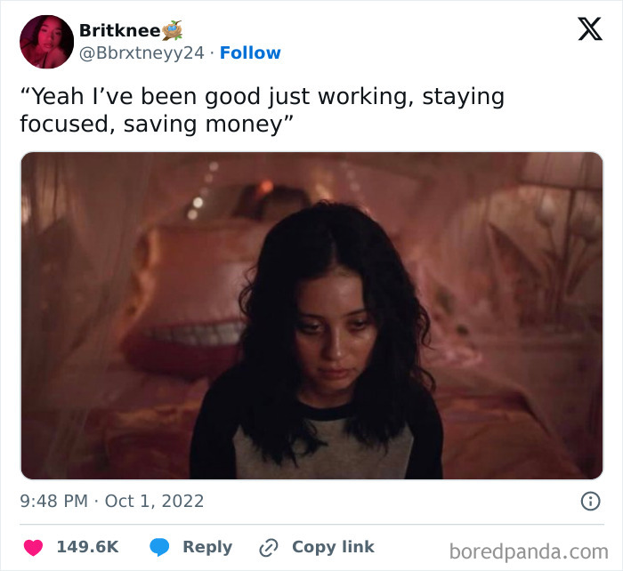 Sad woman illustrates challenges of adulting and saving money meme