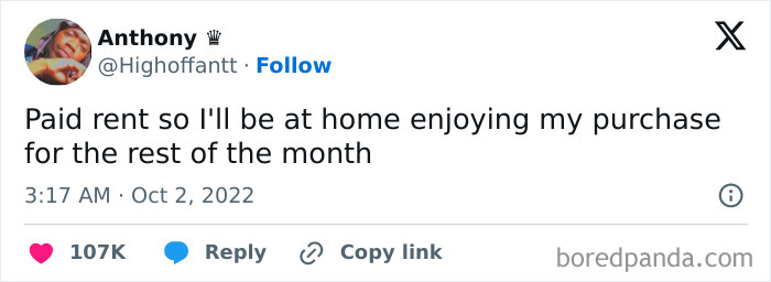 Meme about paying rent and enjoying home purchase for the month