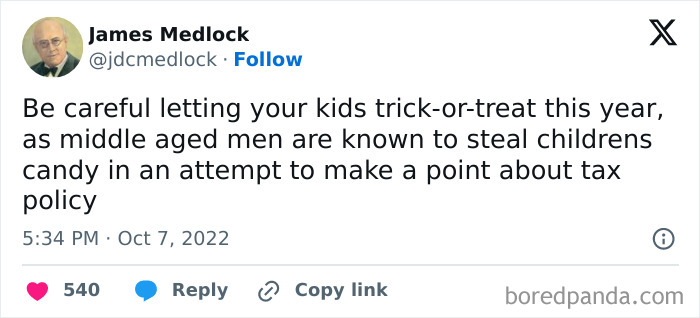 Relatable Halloween tweets joke about middle-aged men stealing trick-or-treat candy for tax policy.