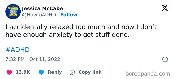 A relatable work tweet about needing anxiety to get stuff done.