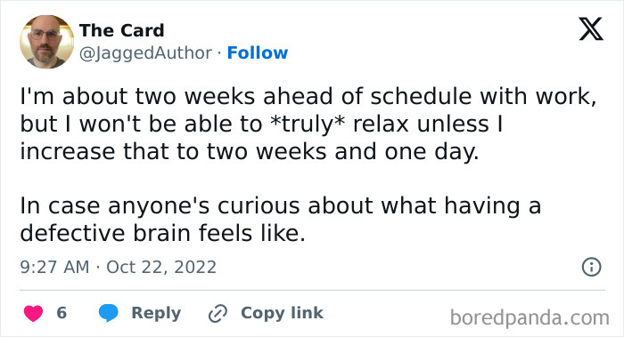 An online post about work schedules and inability to relax, from work tweets.
