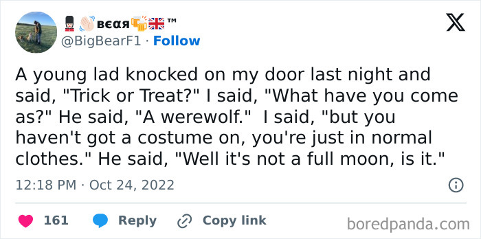 A funny tweet about a kid wearing normal clothes claiming to be a werewolf for Halloween tweets.
