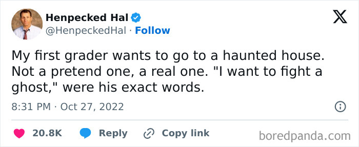 Funny post about a child wanting to fight a ghost, featured in relatable Halloween tweets.