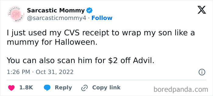 A funny Halloween tweet about wrapping a child in a CVS receipt like a mummy for a costume.