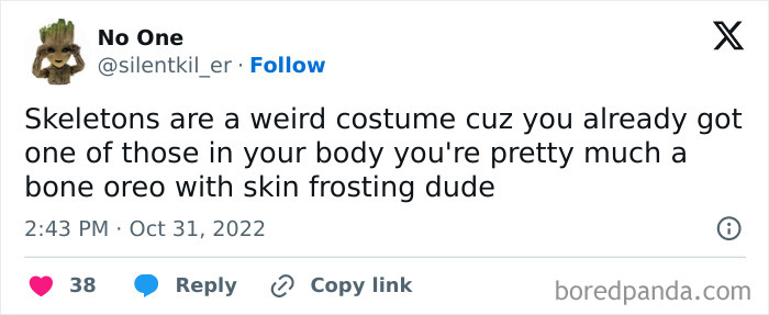 A comical post about skeleton costumes from a list of hilarious Halloween Tweets.