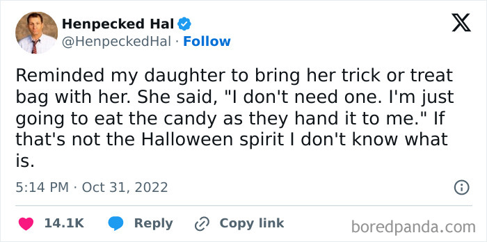 Hilarious Halloween tweets post about a daughter eating trick-or-treat candy immediately.