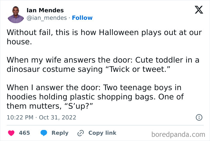 A relatable post comparing trick-or-treaters on Halloween.