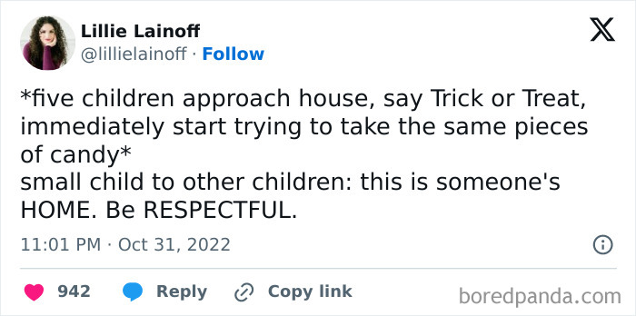 A funny social media screenshot showcasing relatable Halloween tweets about polite children trick-or-treating.