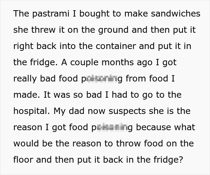 Screenshot of text about a woman throwing away stepchild's food and causing food poisoning.
