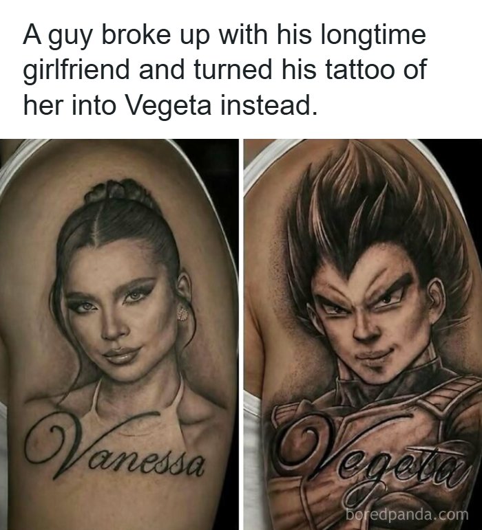 Side-by-side tattoo cover-up of Vanessa changed to Vegeta, representing creepy facts and news stories.